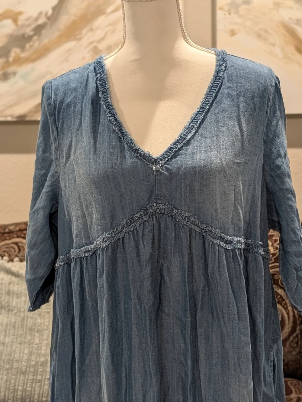 Easel -Boho Tiered V-Neck Maxi Jean Dress - Picture 5 of 5